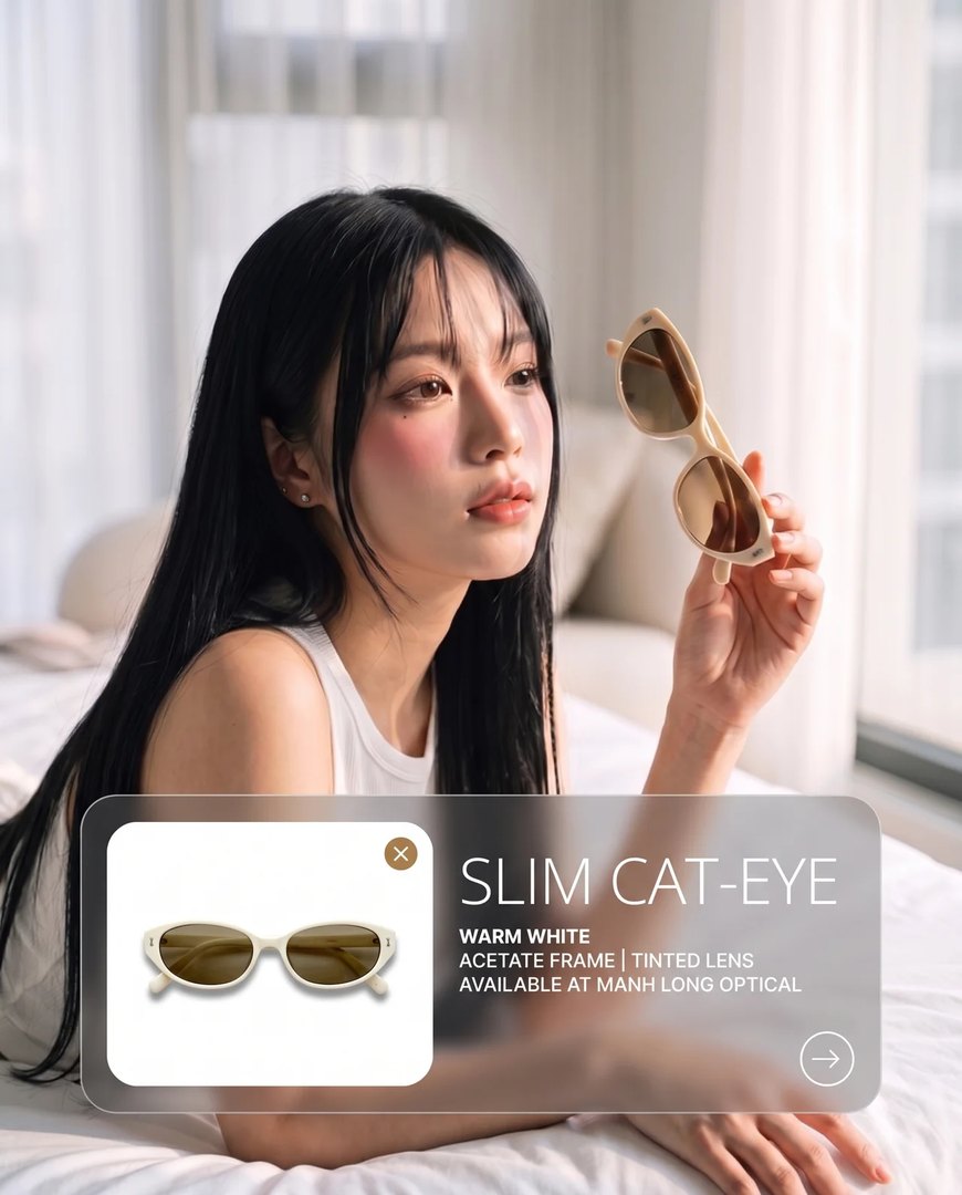 Slim cat-eye · acetate trắng ấm, tròng trà