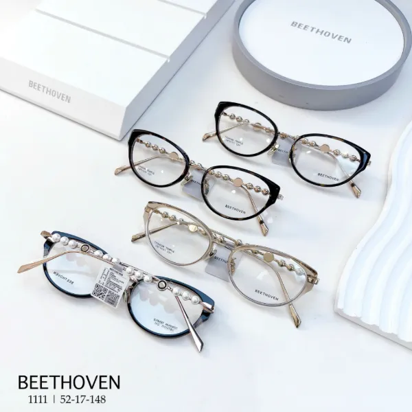BEETHOVEN 1073 cat-eye frames with titanium temples in clear pink, black and taupe