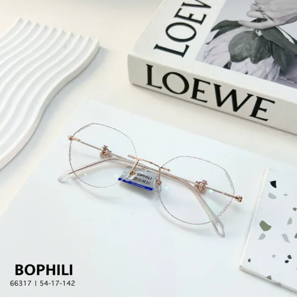 Gọng kính titan không viền BOPHILI 66317 dáng mắt mèo, charm pha lê ở càng