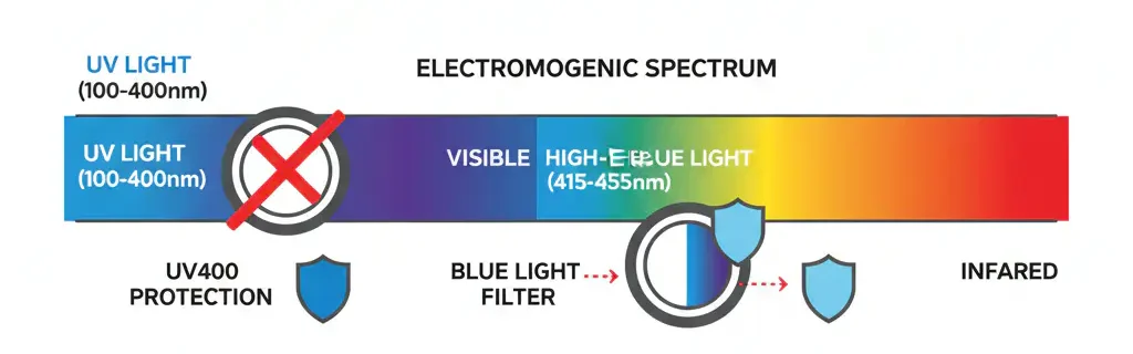 Sơ đồ tia UV và ánh sáng xanh trên quang phổ