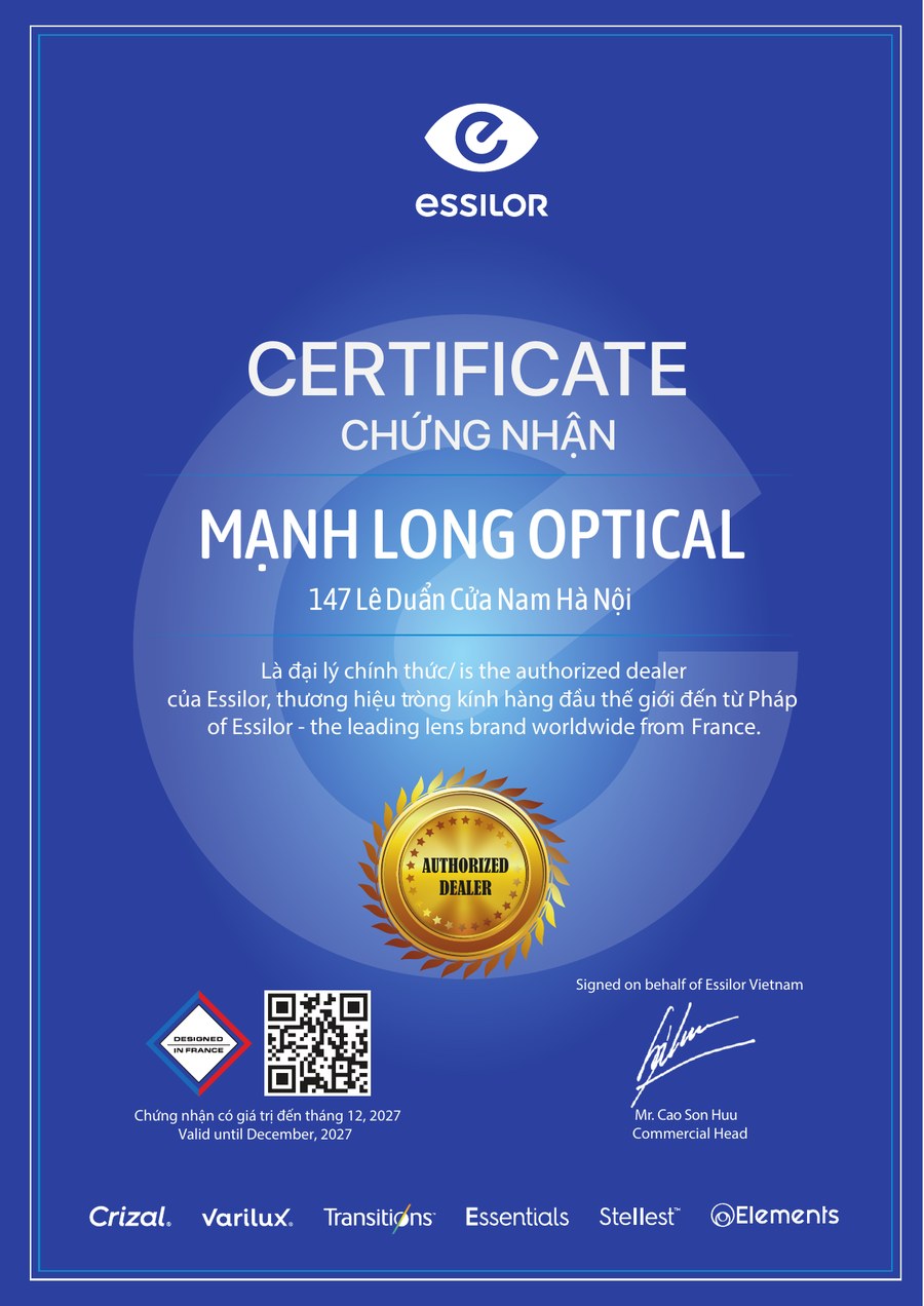 Essilor authorized dealer certificate issued to Manh Long Optical, signed on behalf of Essilor Vietnam, valid until December 2027