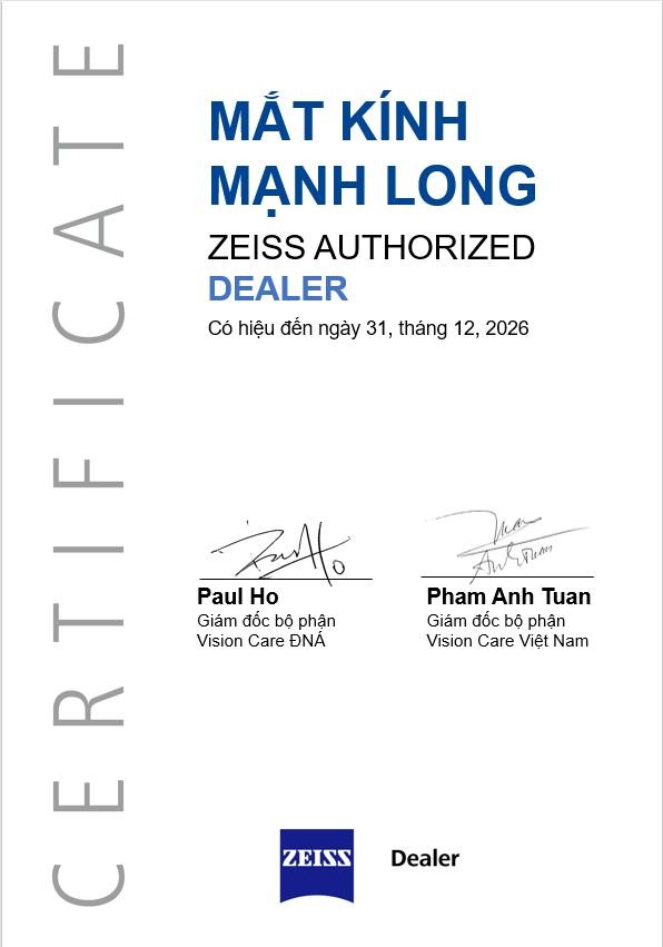 ZEISS Authorized Dealer certificate issued to Mắt Kính Mạnh Long, valid until 31 December 2026