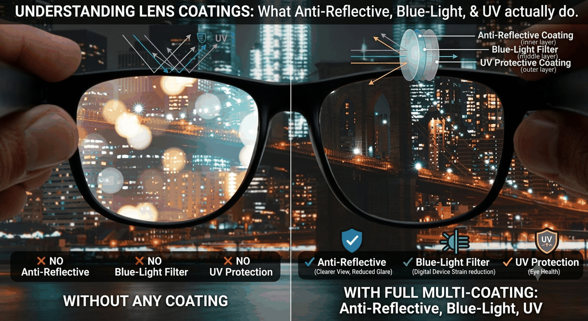 Chống phản quang, lọc ánh sáng xanh, chống UV: Lớp phủ nào làm gì