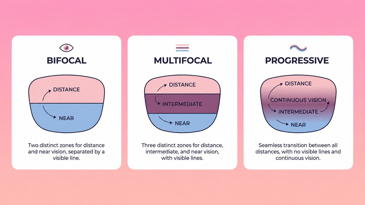 Diagram comparing bifocal, multifocal and progressive lens viewing zones for distance, intermediate and near vision
