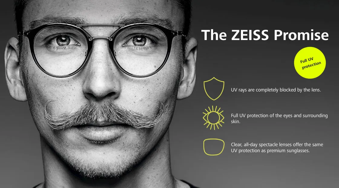 Ảnh cam kết của Zeiss: tia UV bị tròng chặn hoàn toàn, mức bảo vệ ngang kính mát cao cấp