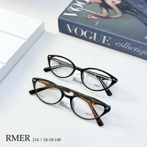 RMER 214 cat-eye acetate frames in black and in dark green with amber arms