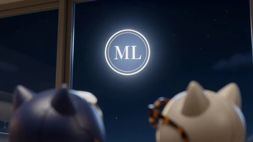 Son, the cat mascot of Manh Long Optical, looking up at the ML monogram