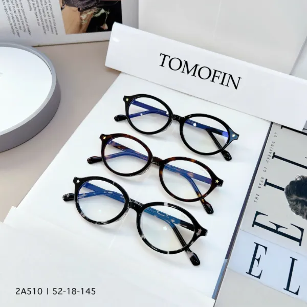 Gọng kính acetate TOMOFIN 2A510 dáng tròn, màu đen sao vàng, đồi mồi, đen vân đá