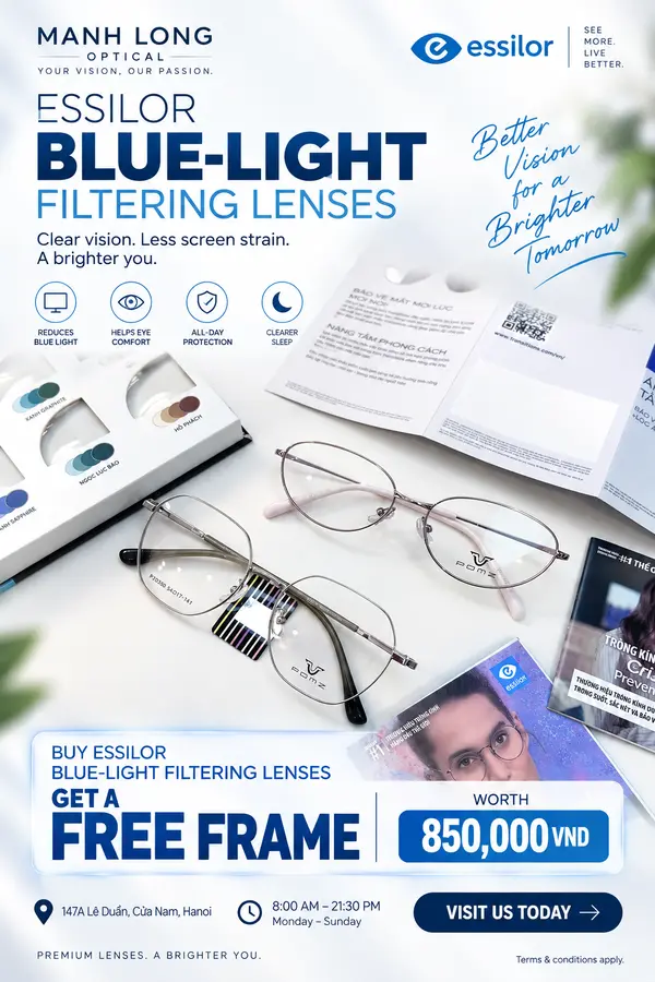 Poster: mua tròng lọc ánh sáng xanh Essilor, tặng gọng trị giá 850.000đ, tại Mạnh Long Optical