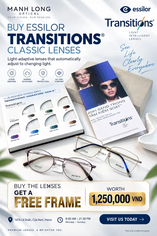Poster: mua tròng đơn tròng Transitions Classic, tặng gọng trị giá 1.250.000đ, tại Mạnh Long Optical