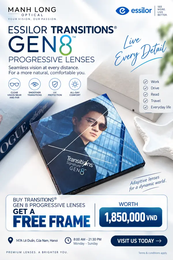 Poster: mua tròng đa tròng Transitions Gen 8, tặng gọng trị giá 1.850.000đ, tại Mạnh Long Optical
