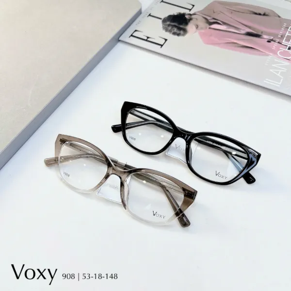 VOXY 908 cat-eye acetate frames in black and in a clear-to-grey gradient